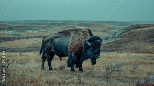   A bison stands amidst a dry  grass-covered field with rolling hills in the background and a cloud-filled sky overhead