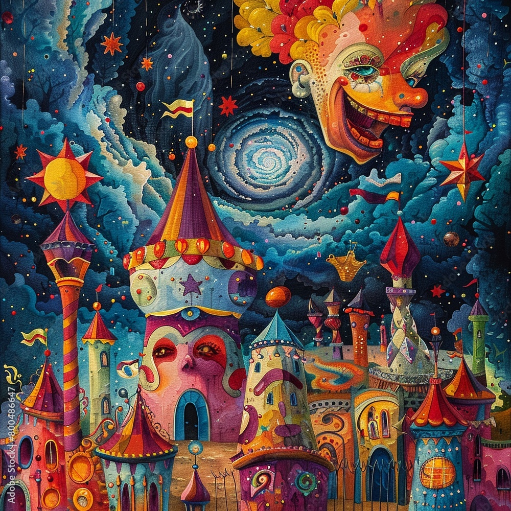 Fototapeta premium Detailed illustration of a summer circus scene, capturing the vibrancy and energy through art , close-up