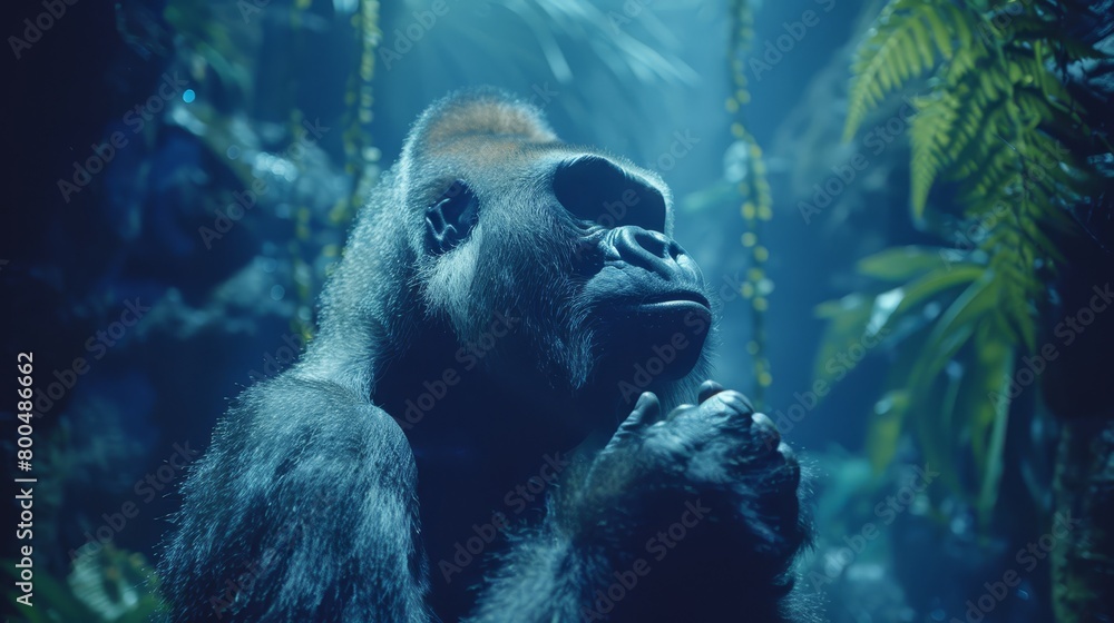 Naklejka premium A tight shot of a monkey in a forest, lit face, background plant