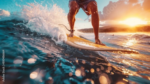 Active summer surfing scene, group of surfers hitting the waves at sunrise, vibrant action shots of skilled maneuvers, foam-topped waves and sunlit water