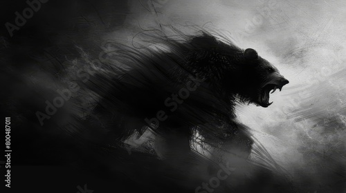  A black-and-white image of a bear with an expansive mouth before a foggy backdrop