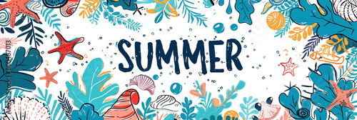 Word 'SUMMER' with starfish, fish, shell, seaweed, and bubble. Colorful illustration background banner. Panoramic web header. Wide screen wallpaper