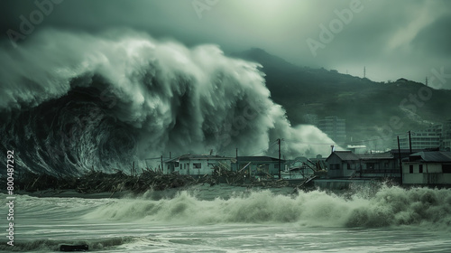 An ominous and dramatic scene capturing a gigantic wave engulfing coastal properties, showcasing the raw power of nature photo