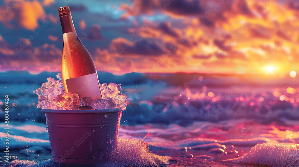 Beachside Wine Rose or Champagne Bottle Mockup Chilling in an Ice
