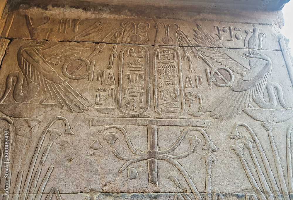 Twin Uraeus,sacred cobras bless the cartouche of Ptolemy VI Philometer in this wall relief at the Temple of Sobek and Haroeris built in 2nd century BC by Ptolemy pharoahs in Kom Ombo,Near Aswan,Egypt
