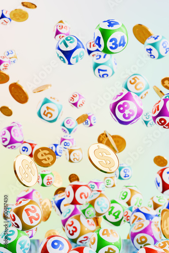 Lots of colorful flying lottery balls and gold coins with dollar signs. 3D rendering