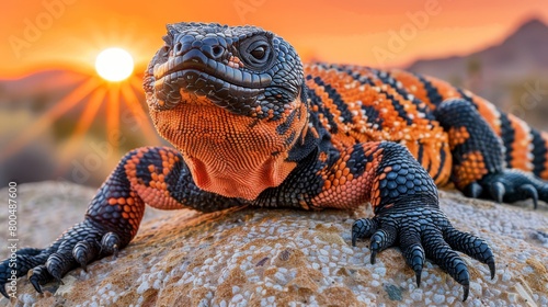   A tight shot of a lizard atop a rock, with the sun sinking behind it and a mountain range distantly stretching across the backdrop photo