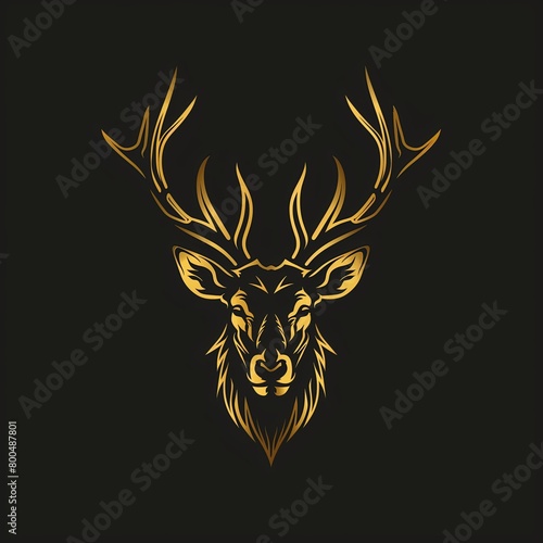 Golden deer head logo design on black background. Stag face in simple shapes © TP71