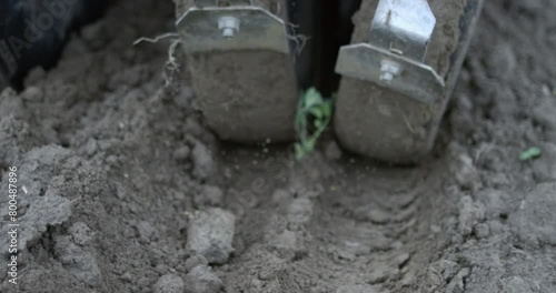 Wallpaper Mural Super slow motion macro of land soil is moving while agricola machinery tractor with disk plow harrows field with tomato sprouts in ecological rural farmland agricultural plantation at 1000 fps. Torontodigital.ca