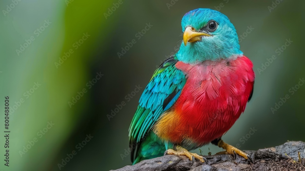   A vibrant bird perches on a tree branch, juxtaposed with a dual-toned branch—green and red Background softly blurs