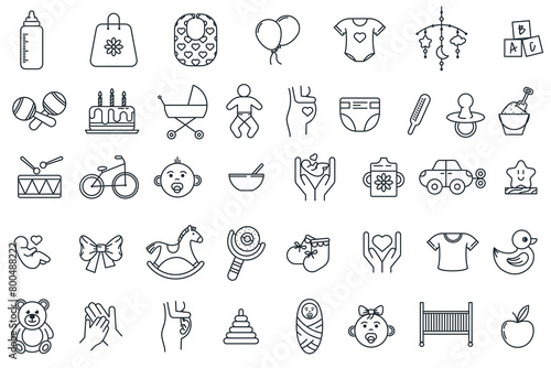 Child care thin line icons. Set of line icons related to international children day, kid rights, parenthood. Editable Stroke