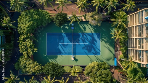 Top view blue court long tennis ground.