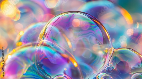 Artistic close-up shot of soap bubbles, highlighting the rainbow-like colors and the transparency of each bubble