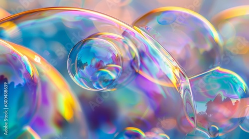 Artistic close-up shot of soap bubbles  highlighting the rainbow-like colors and the transparency of each bubble