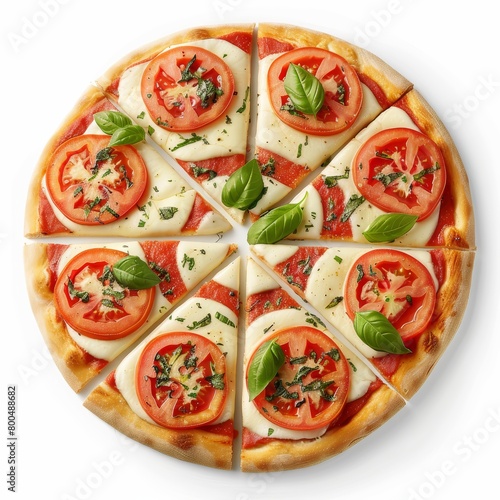 Artistic high-resolution image of Caprese pizza, showcasing slices of fresh tomatoes and mozzarella, styled for a menu, with an isolated background