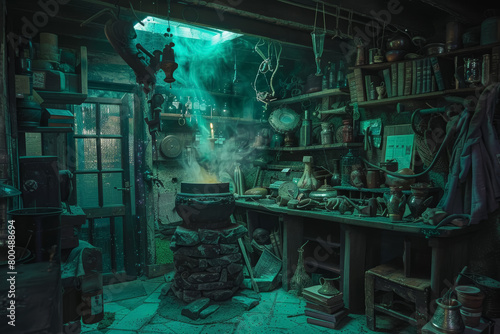Witch's Cabin with Spell Books and Green Cauldron Flame