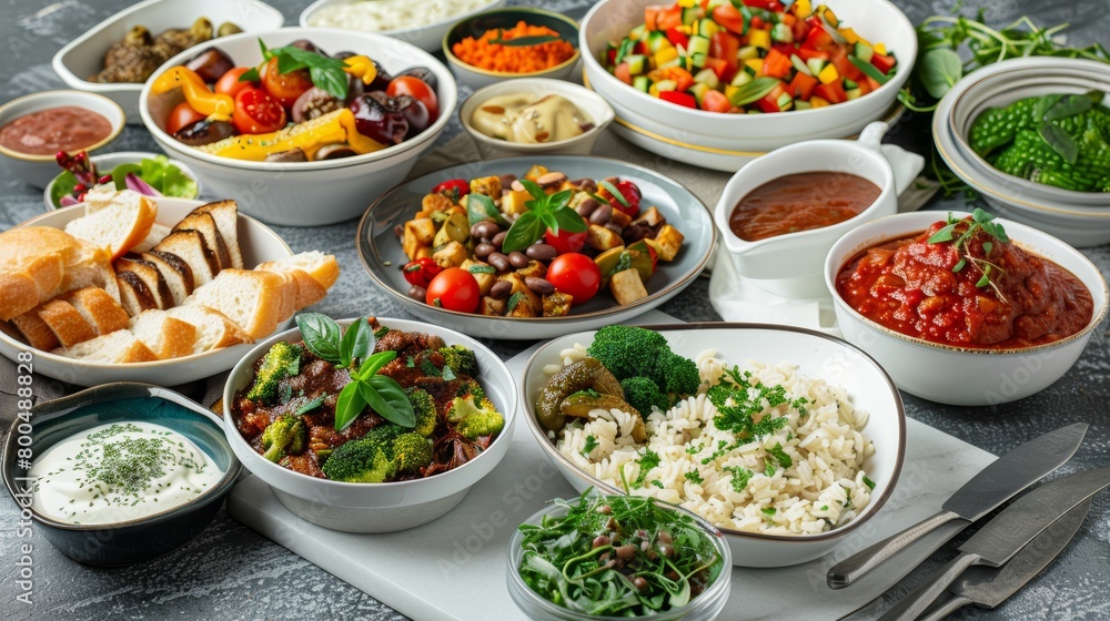 Artistic studio shot of an assortment of easy-to-prepare vegan meals, perfect for restaurant menus, photographed in high-resolution with an isolated background