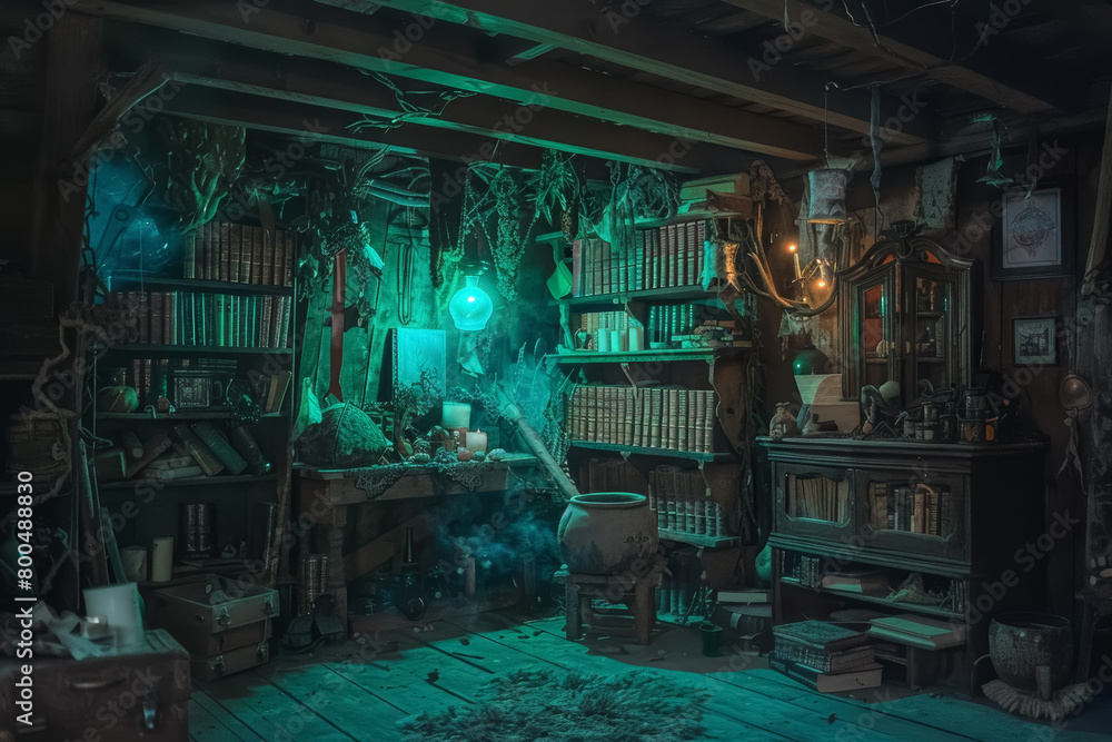 Obraz premium Witch's Cabin with Spell Books and Green Cauldron Flame