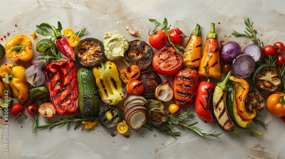Artistic top view image of diverse grilled vegetables and bespoke aioli, arranged meticulously on a pristine background, highlighted with professional studio lighting