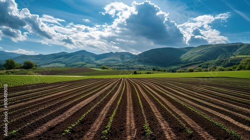 Cultivated fields with hills  sky and mountains  farmer land background.