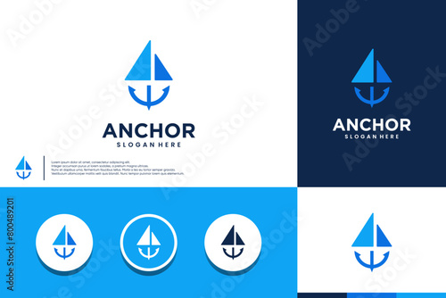 anchor and sailboat logo, for marine company, logo design vector.