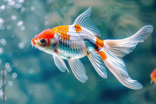 A fish with orange and white stripes swims. The fish is swimming in a tank with a blue background photo