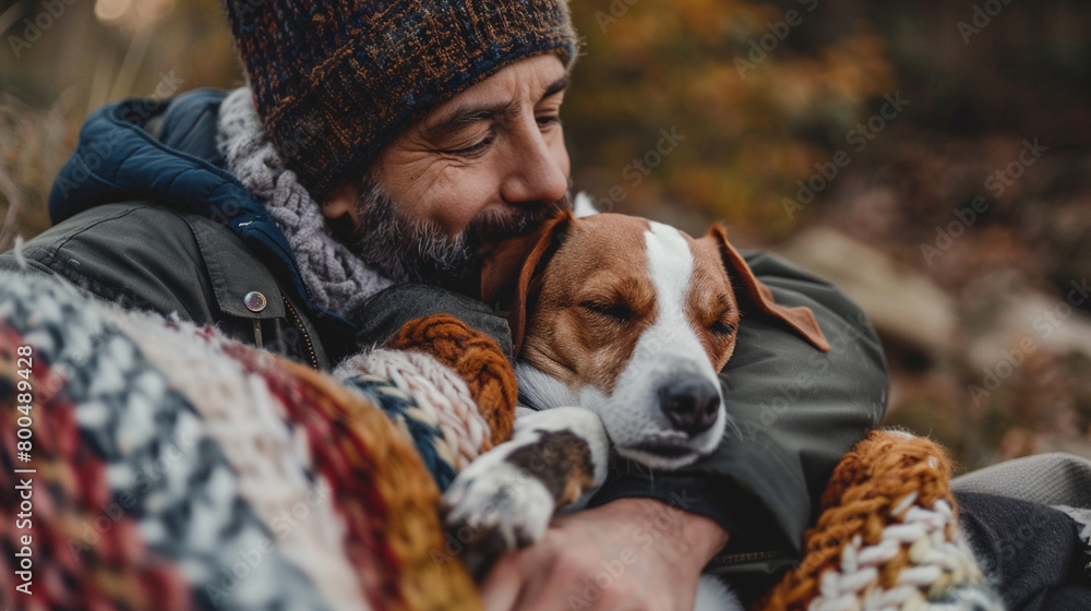 A man and his dog curled up together on a cozy blanket, both content to simply enjoy each other's company on a lazy afternoon. A man and his dog curled up together on a cozy blanket, both content to simply enjoy each other's company on a lazy afternoon.