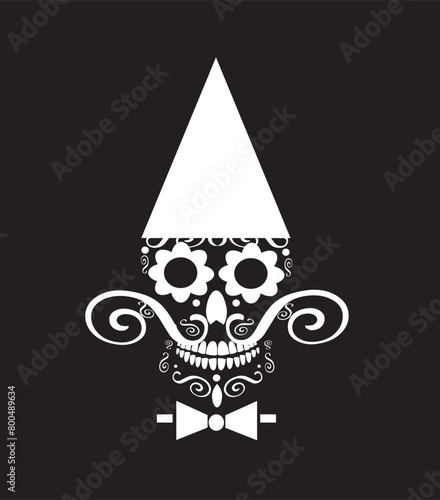 Pinocchio skull icon with flower eyes, black and white color