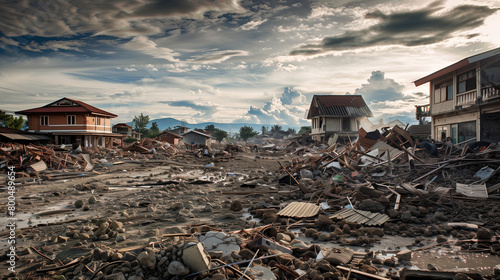 A powerful scene of a neighborhood ravaged by natural disaster, with homes in ruin and scattered debris