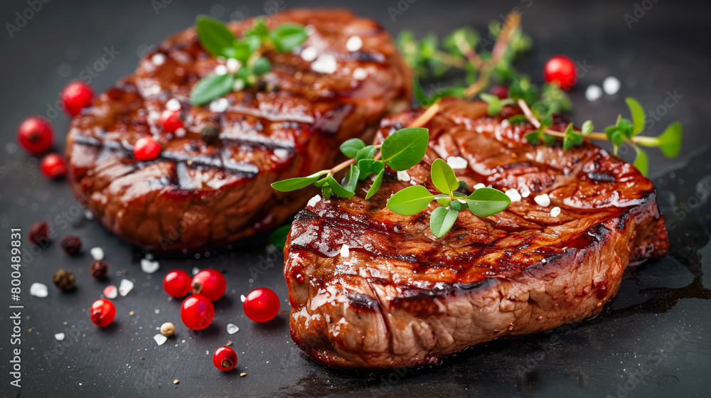 two succulent grilled steaks with visible grill marks, garnished with a sprig of green herbs and surrounded by scattered red berries and white granules salt