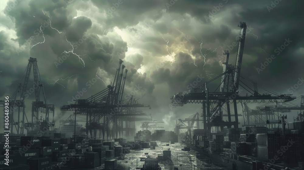 Stormy Sky Over Industrial Cargo Port Scene