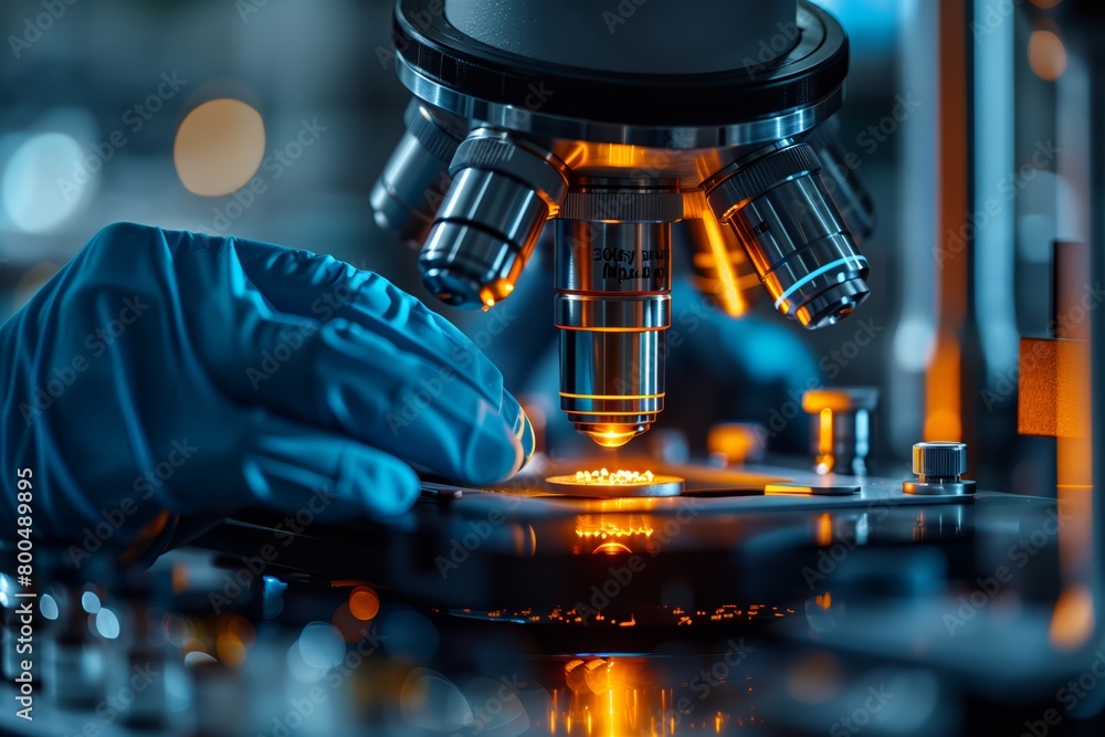 Blue-gloved scientist operating a microscope Blue-gloved scientist operating a microscope