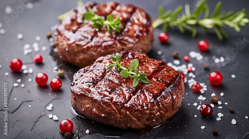 medium-rare steaks with grill marks, garnished with green herbs, placed on a dark surface