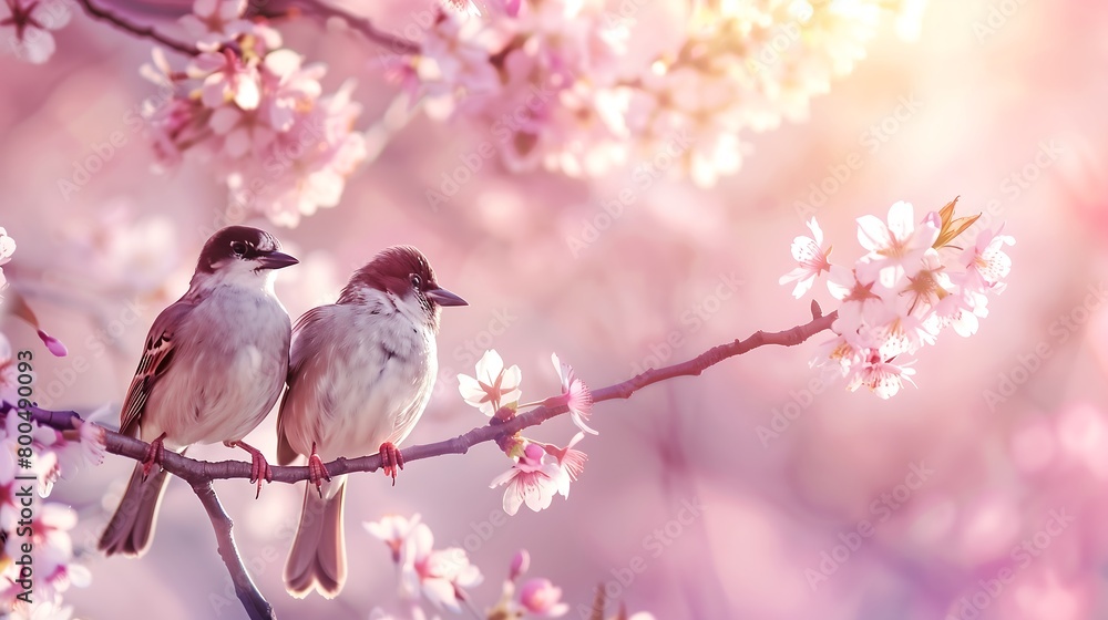 Couple birds showing love on a cherry tree branch against a pink background