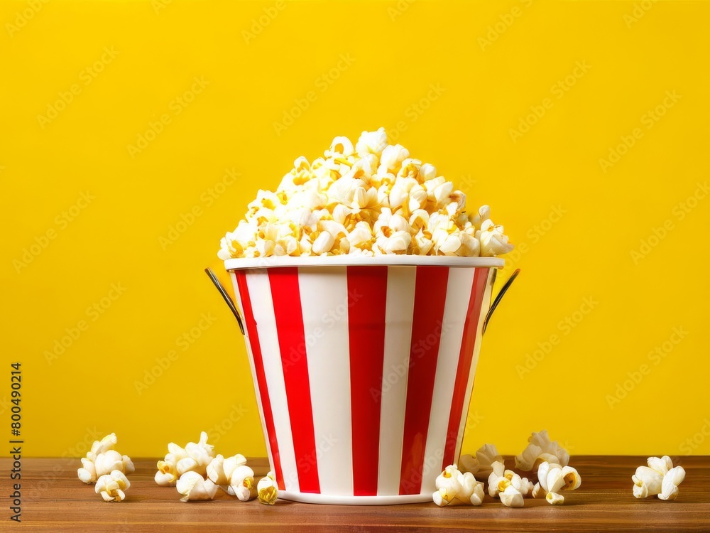 A huge red and white bucket of salted popcorn on a wooden table on a yellow background. Some of the popcorn spilled on the table. Copy space A huge red and white bucket of salted popcorn on a wooden table on a yellow background. Some of the popcorn spilled on the table. Copy space