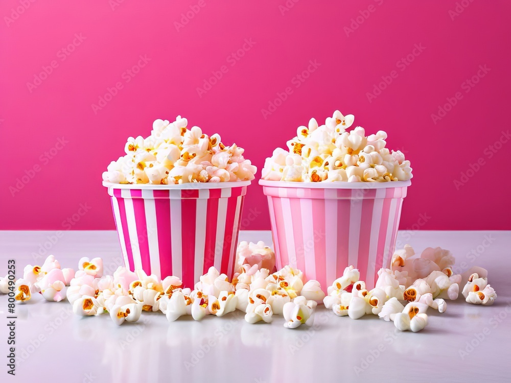 Two huge pink and white buckets of salted popcorn are on the table. Pink background. Some of the popcorn spilled on the table. Copy space Two huge pink and white buckets of salted popcorn are on the table. Pink background. Some of the popcorn spilled on the table. Copy space