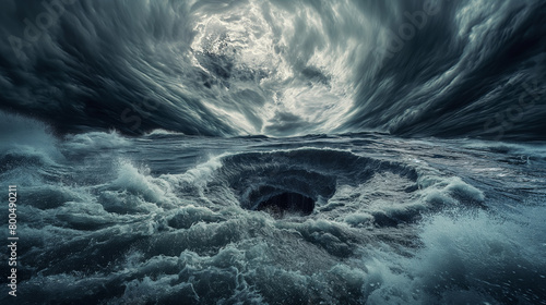 A mesmerizingly turbulent whirlpool forms, with storm clouds gathering above, evoking nature's formidable power