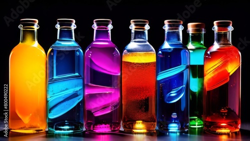 Glass bottles with corks and multi-colored transparent liquids. Lemonades, syrups or liqueurs. Copy space