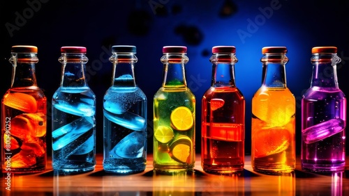 Glass bottles with corks and multi-colored transparent liquids. Lemonades, syrups or liqueurs. Copy space