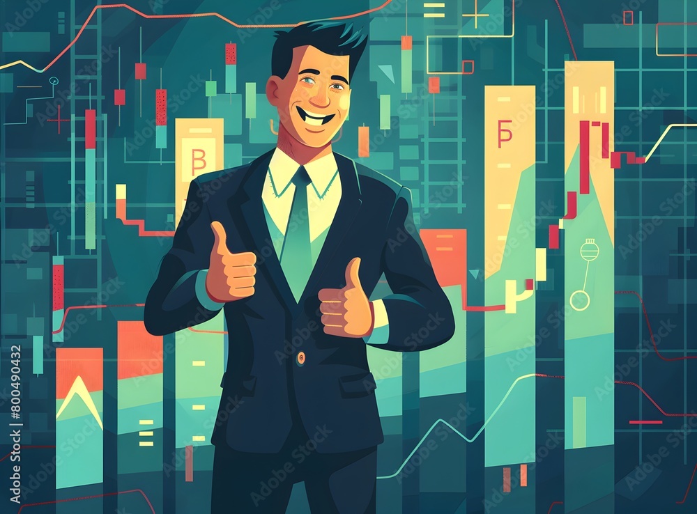 Businessman with thumbs up gesture and candlestick chart background of ...