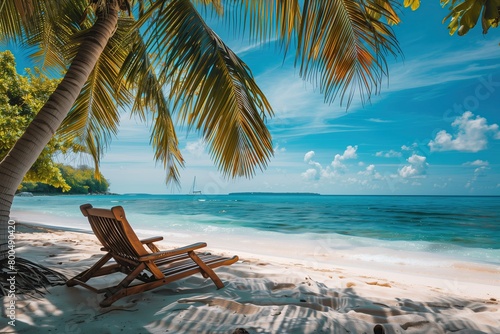 relaxing beach scene with palm trees and chairs, overlooking the turquoise ocean under clear blue skies. The white sand is soft in texture, while gentle waves lap gently against the shore