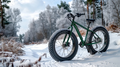 Electric green fat bike on a snowy landscape, winter adventure, © Abdul