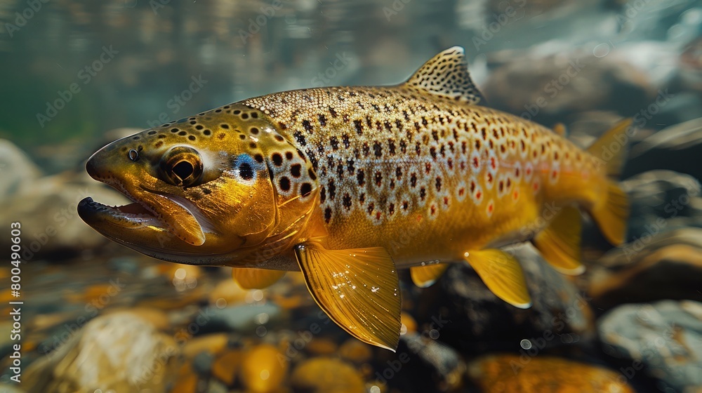 a close-up view of a beautifully patterned trout swimming gracefully against a backdrop of rocky riverbed and cascading waterfalls a close-up view of a beautifully patterned trout swimming gracefully against a backdrop of rocky riverbed and cascading waterfalls
