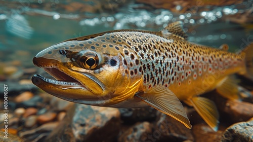 a close-up view of a beautifully patterned trout swimming gracefully against a backdrop of rocky riverbed and cascading waterfalls