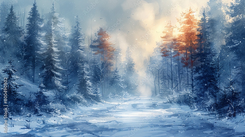 A magical winter forest with snow-covered trees and icicles glistening in the sunlight.
