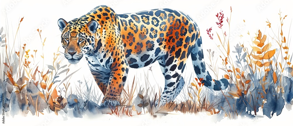 Obraz premium A majestic jaguar prowling through the jungle undergrowth. 