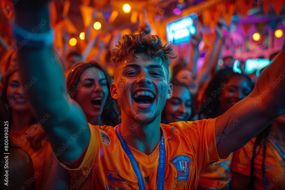Soccer fan cheering passionately in crowd