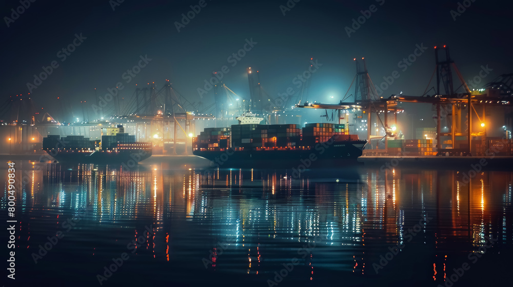 Cargo Port Nighttime Illumination and Ship Reflection