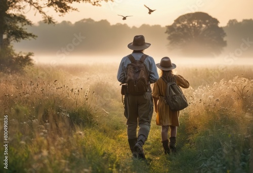 A family hikes through a misty morning meadow, an idyllic scene of shared adventure and exploration in nature.