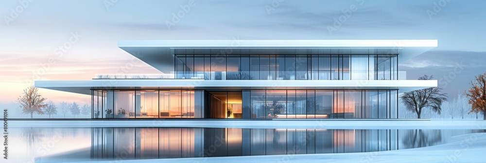Futuristic and Sleek Office Building with Reflective Facade and Serene Surroundings